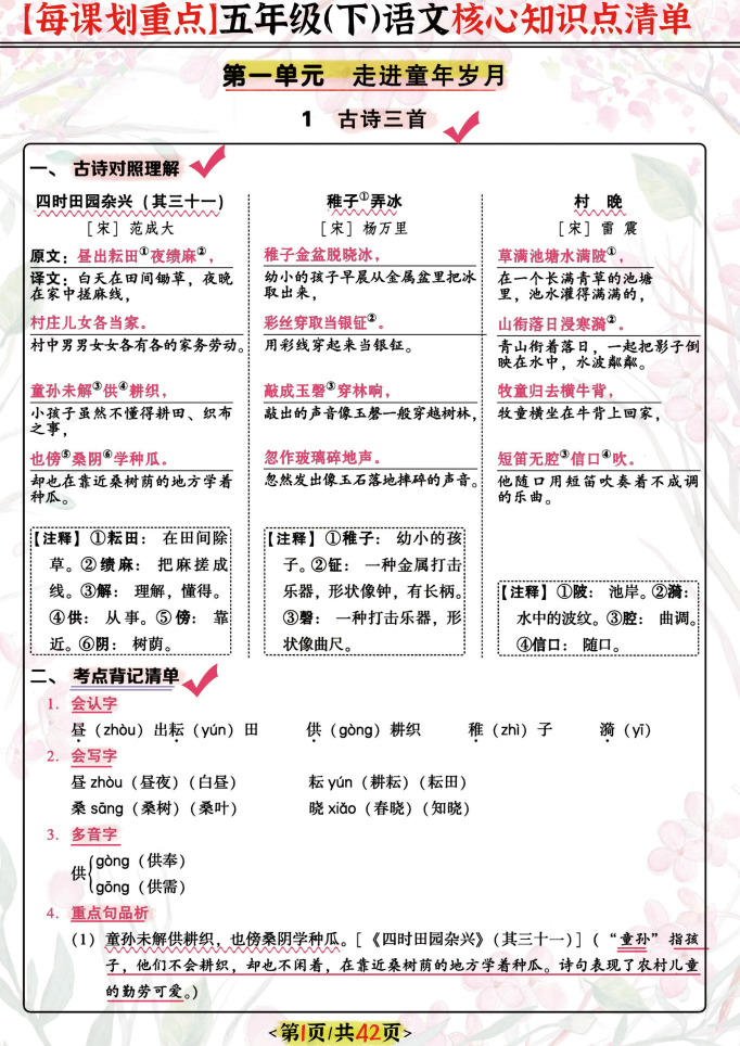 五年级语（下）每课核心划重点清单：42页囊括所有的考点